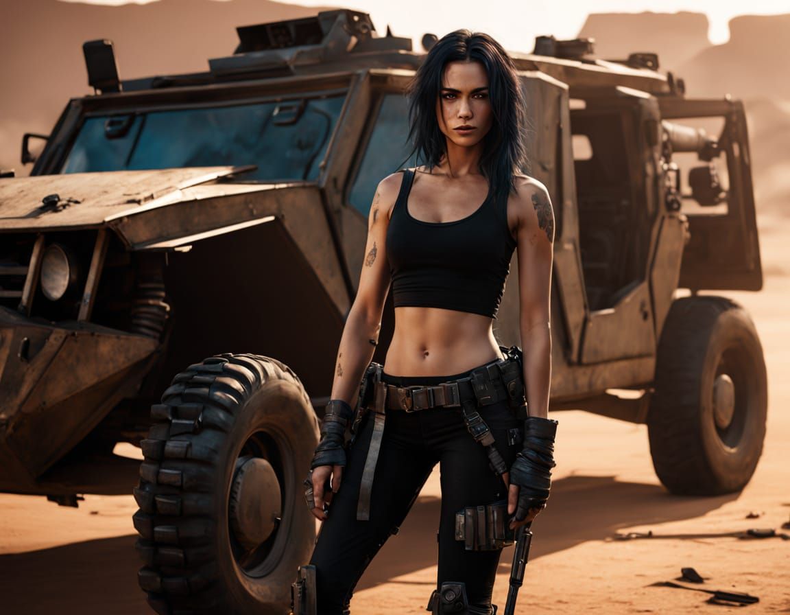 Cyberpunk Woman Repairing Vehicle in Desert
