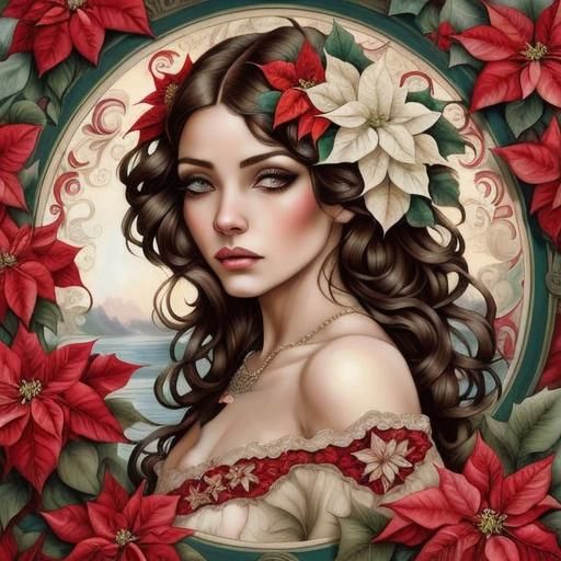 Elegant Brunette Portrait with Poinsettias and Florals