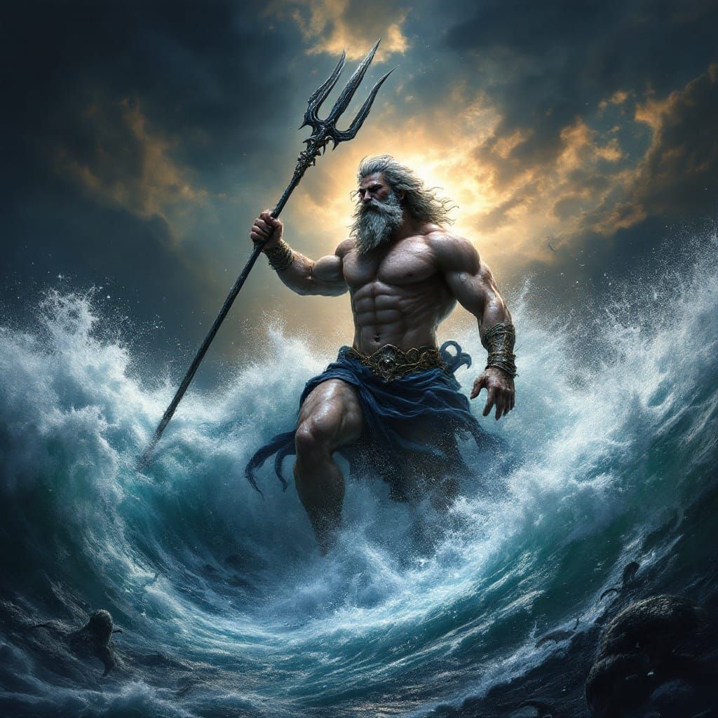 God of the Sea Rises from the Depths in Baroque Style