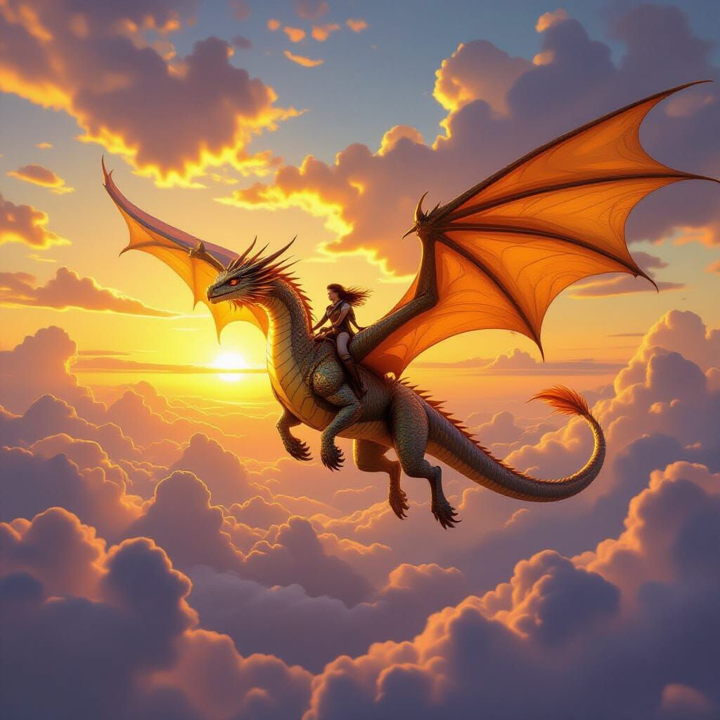 Golden Dragon Soars at Dawn with Rider