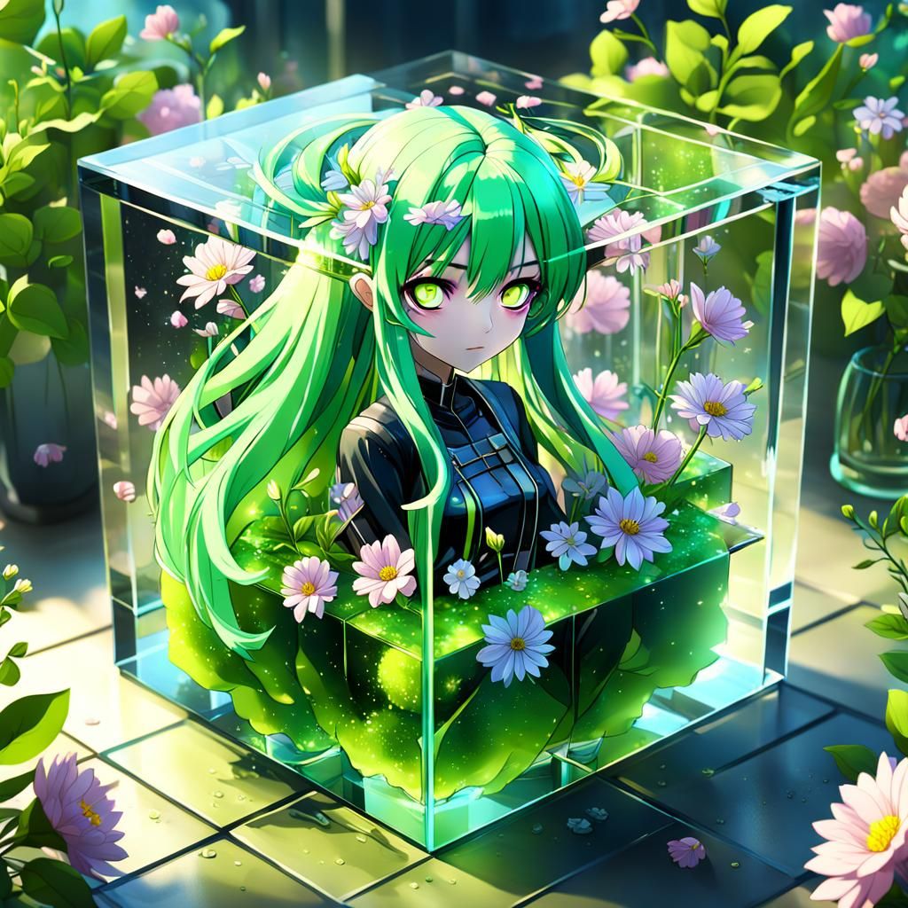 Fantastical Girl Trapped in a Glass Cube with Vibrant Bloomi...