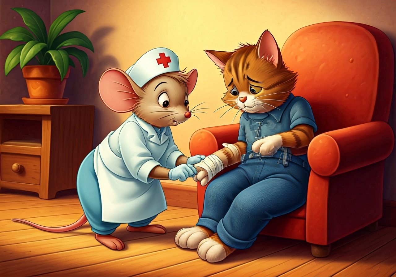 Humorous Mouse Nurse Tends to Sad Cat Patient in Disney Styl...