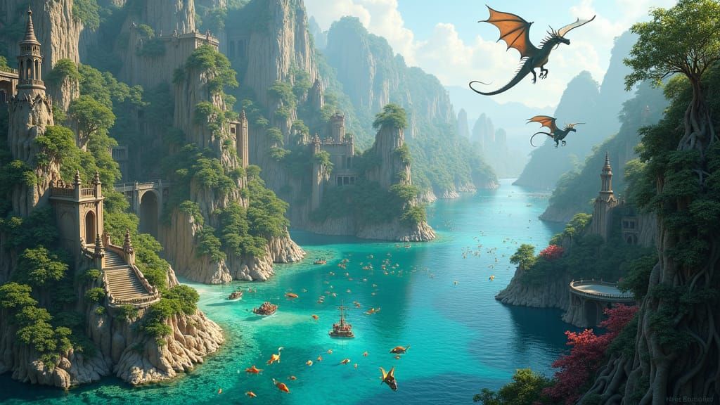 Majestic Dragons Soar Over Crystal Waters in a Fantastical R...