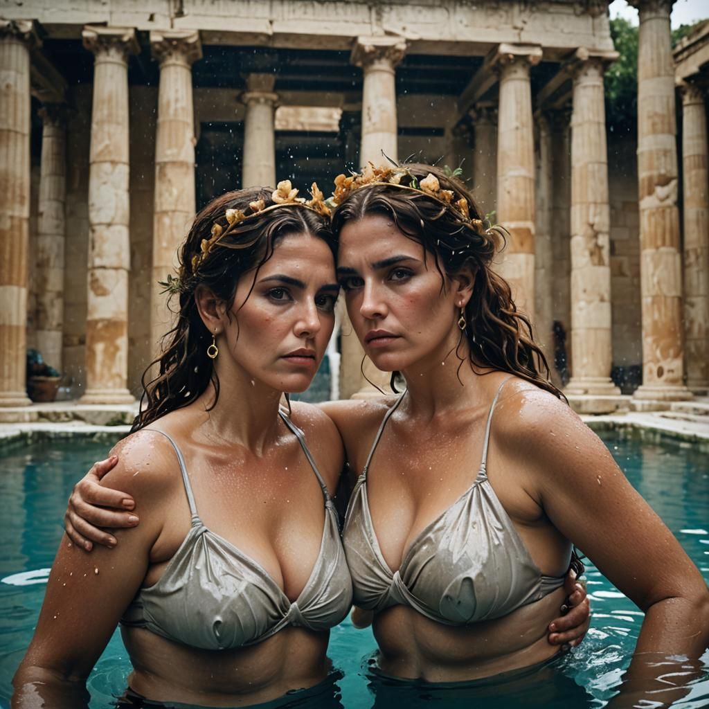 Greek Goddesses Embracing in a Temple Pool