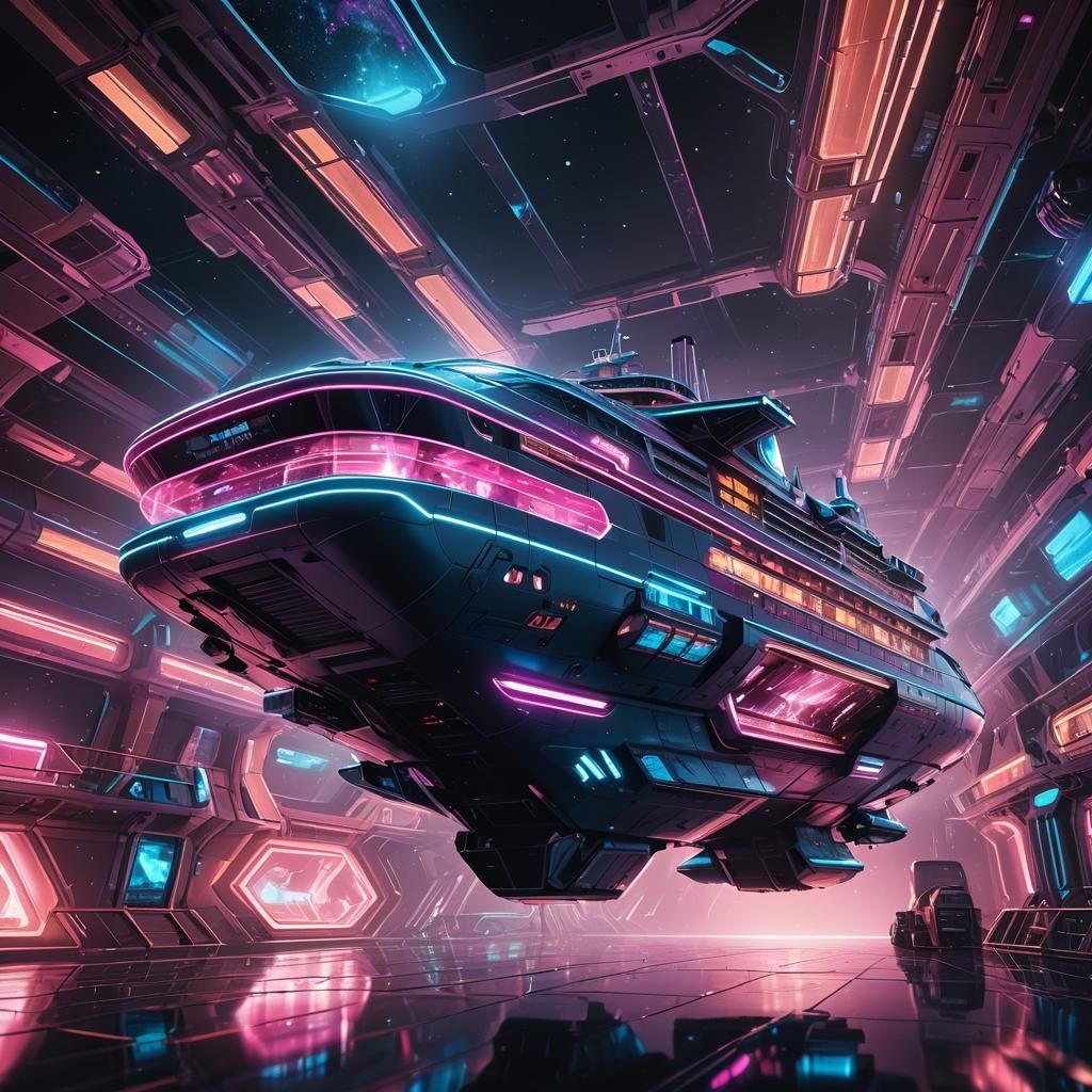 Galactic Entertainment Cruise Ship in Neon-Lit Space