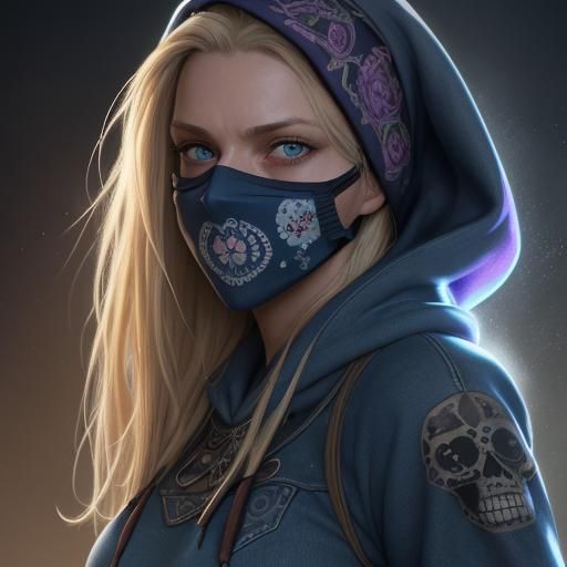 Surreal Dark Fantasy Goddess with Sugar Skull Bandana and Ho...