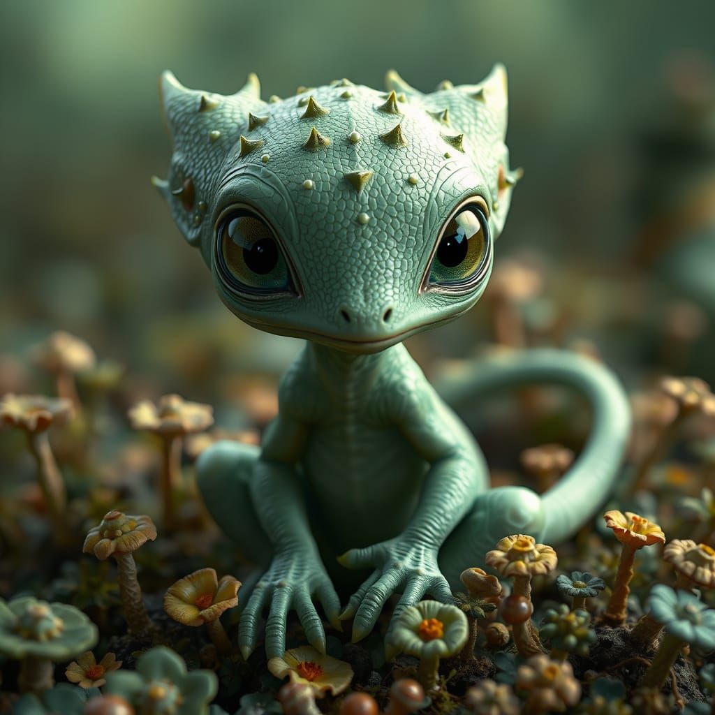 Emerald Tantric Creature Amidst Whimsical Flora