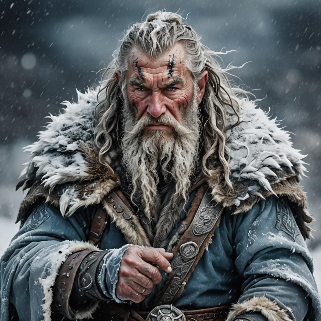 Bearded Viking Warrior Holds Tiny Dragon in Palm