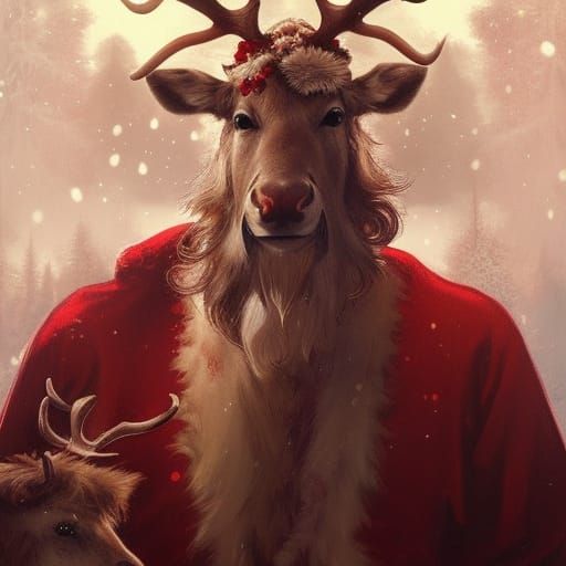 Vibrant Santa Portrait with Reindeer in Triadic Colours