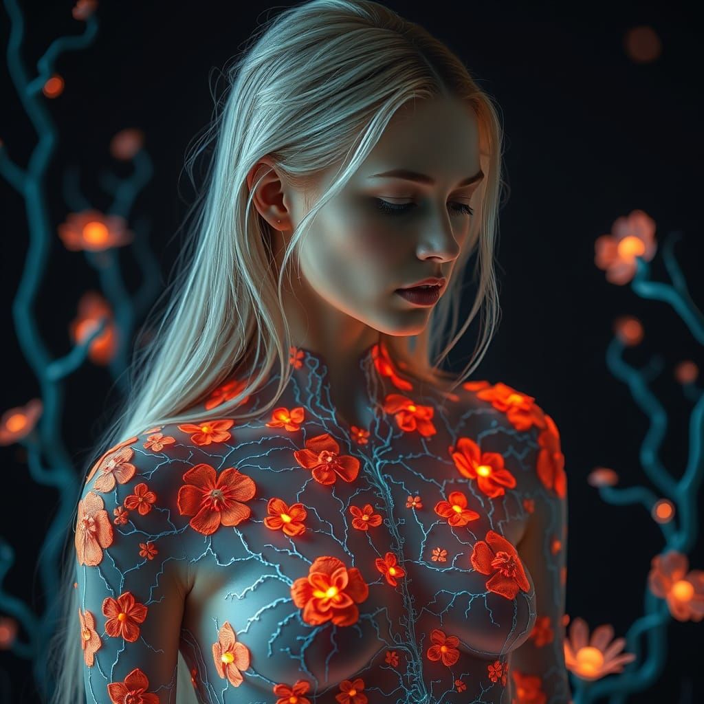 Ethereal Woman with Floral Bio-Mechanical Design