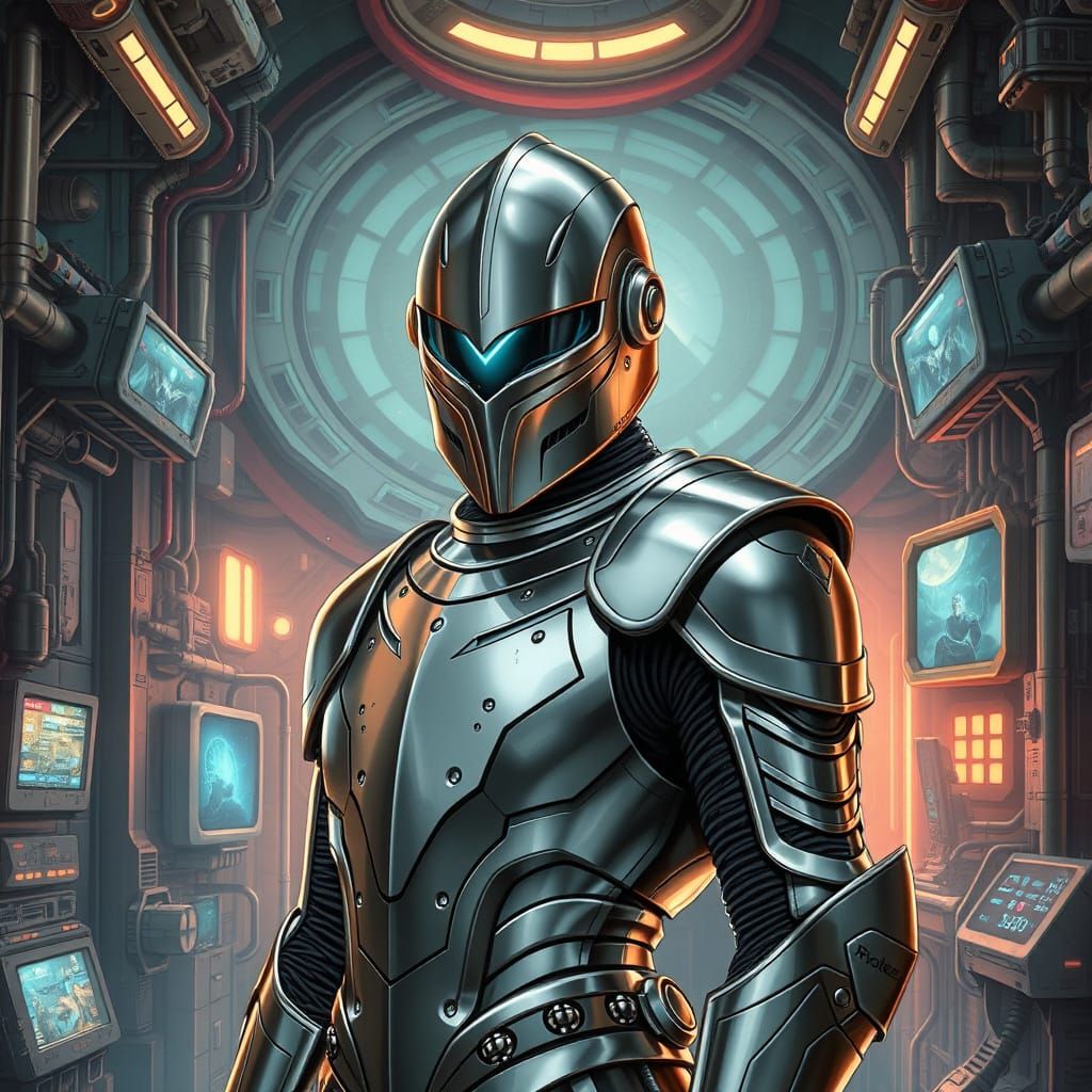 Futuristic Knight in Laboratory, Art Nouveau Style