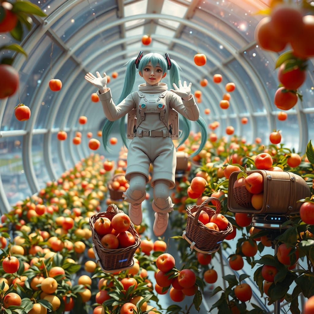 Hatsune Miku Harvests Apples in Futuristic Space Colony