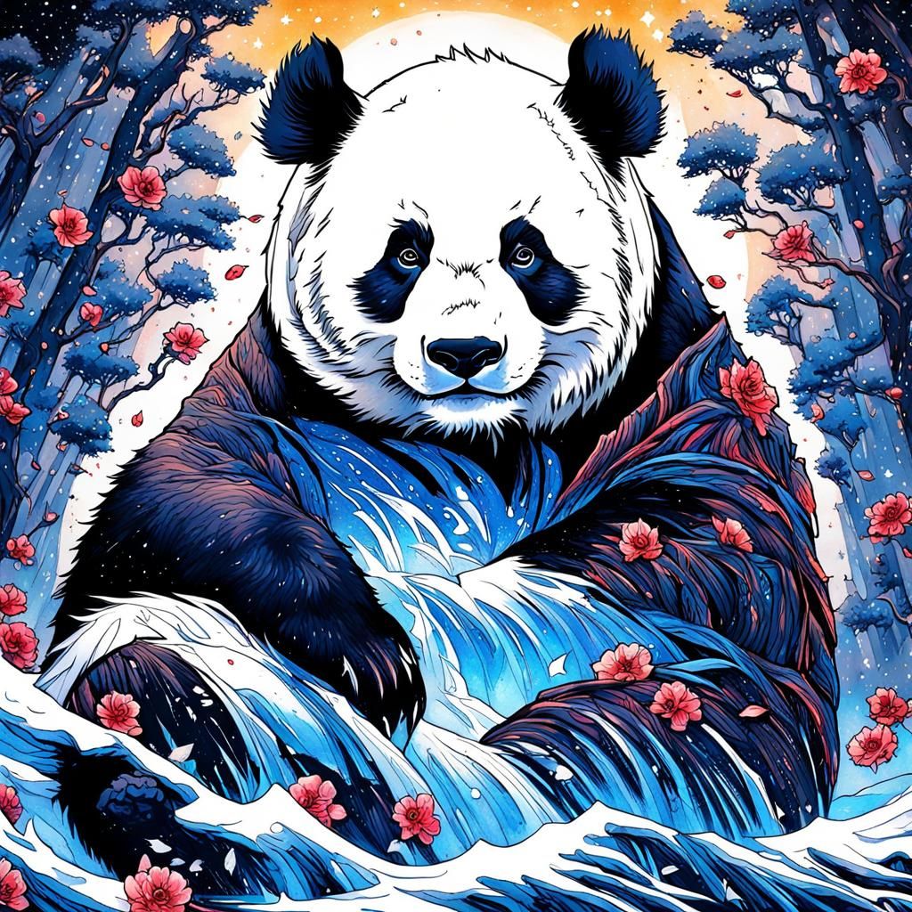 Majestic Panda Under Starry Night Sky in Impressive Gouache...