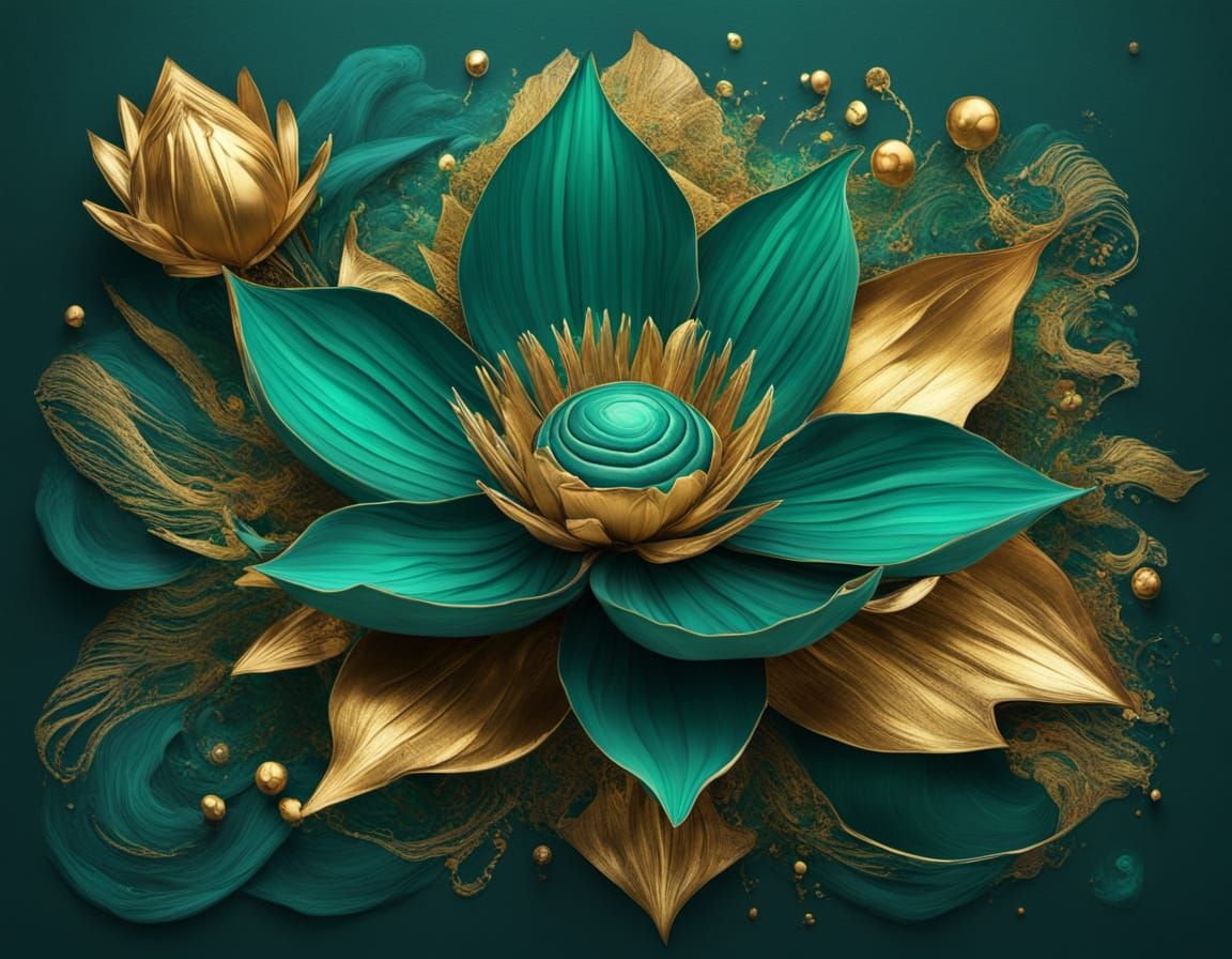Surreal Cyberpunk Lotus in Abstract Teal and Gold