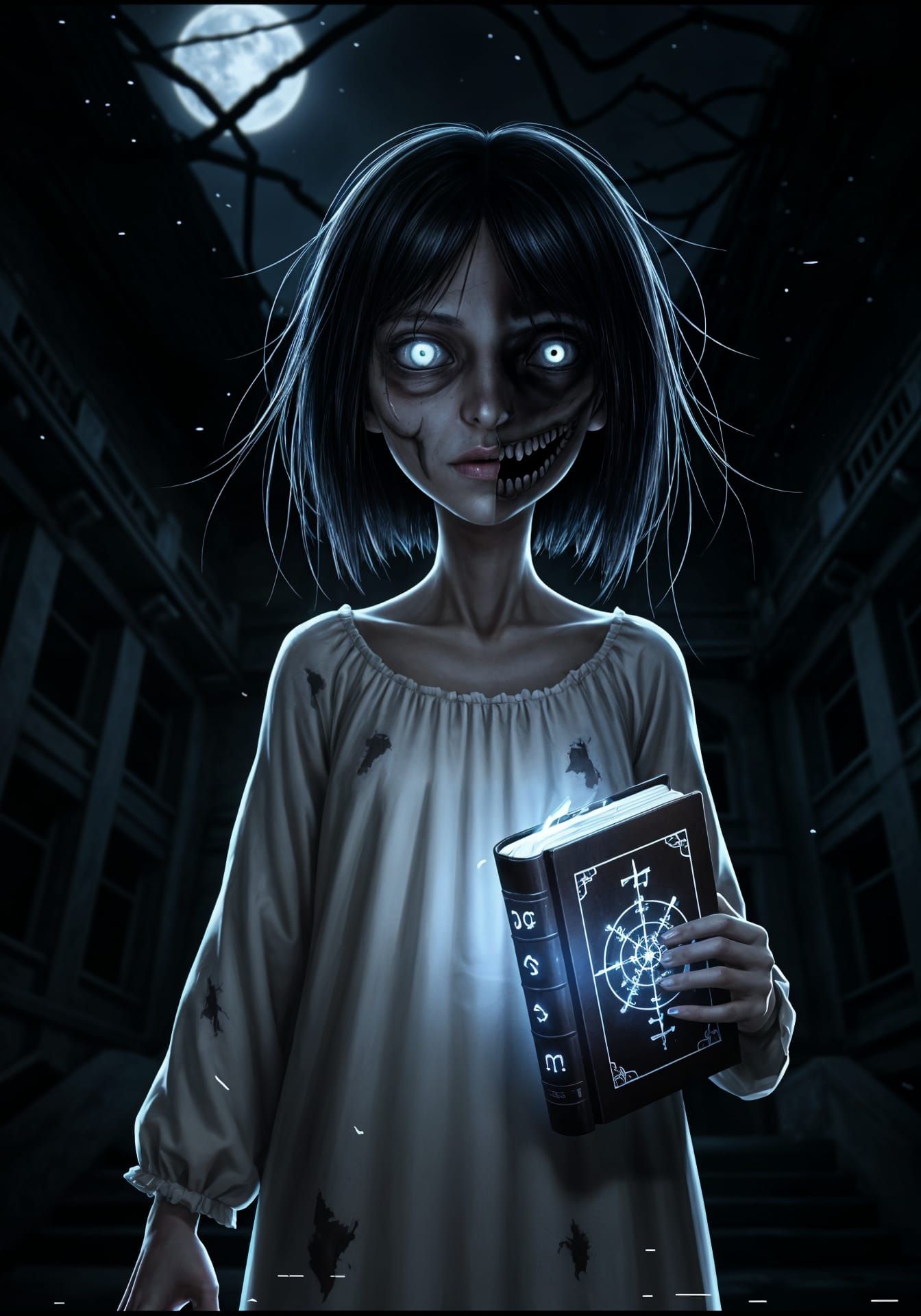 Terrifying Anime Portrait of a Possessed Woman in Moonlight