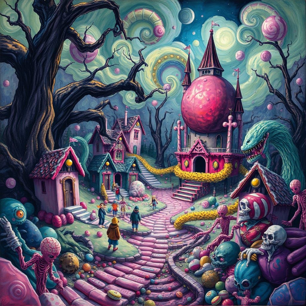 Sinister Candyland Wonderland in Dark, Vibrant Colors