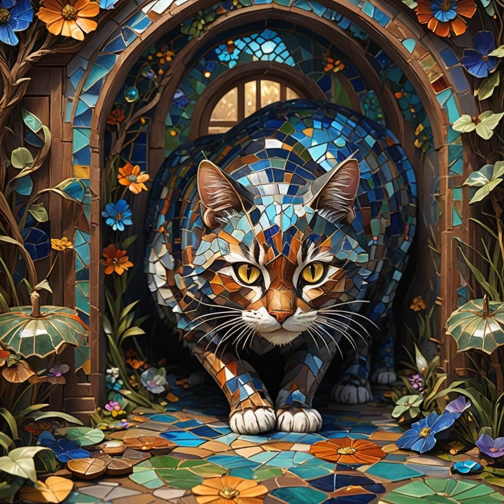 Fantastical Glass Mosaic Cat in Whimsical Abode