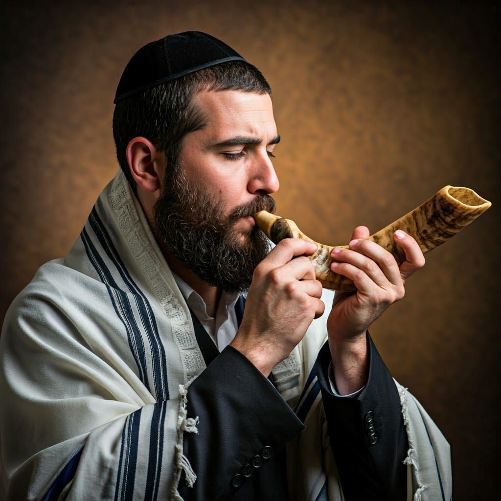 Jewish Man Blows Shofar in a Somber Yet Serene Atmosphere