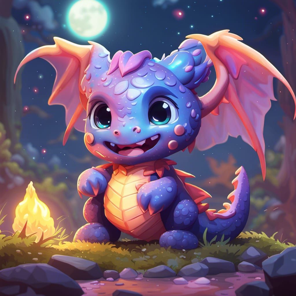 Chibi Baby Dragon Under Soft Moonlight