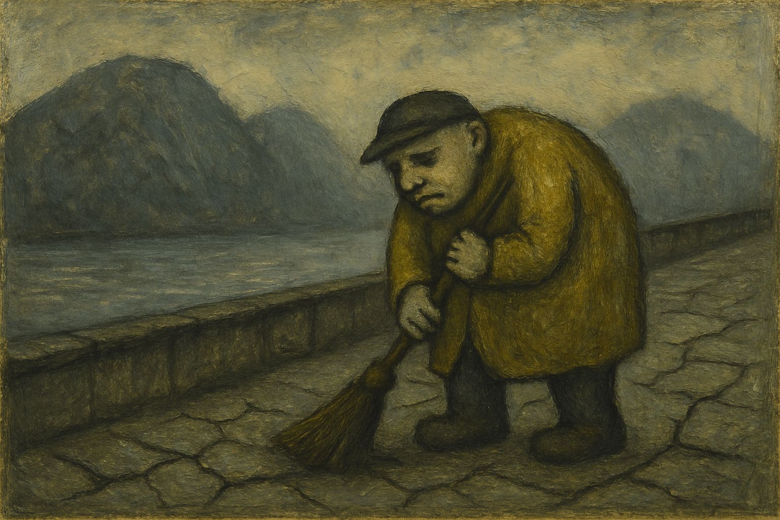 Lonely Janitor on Foggy Riverbank, Naive Painting