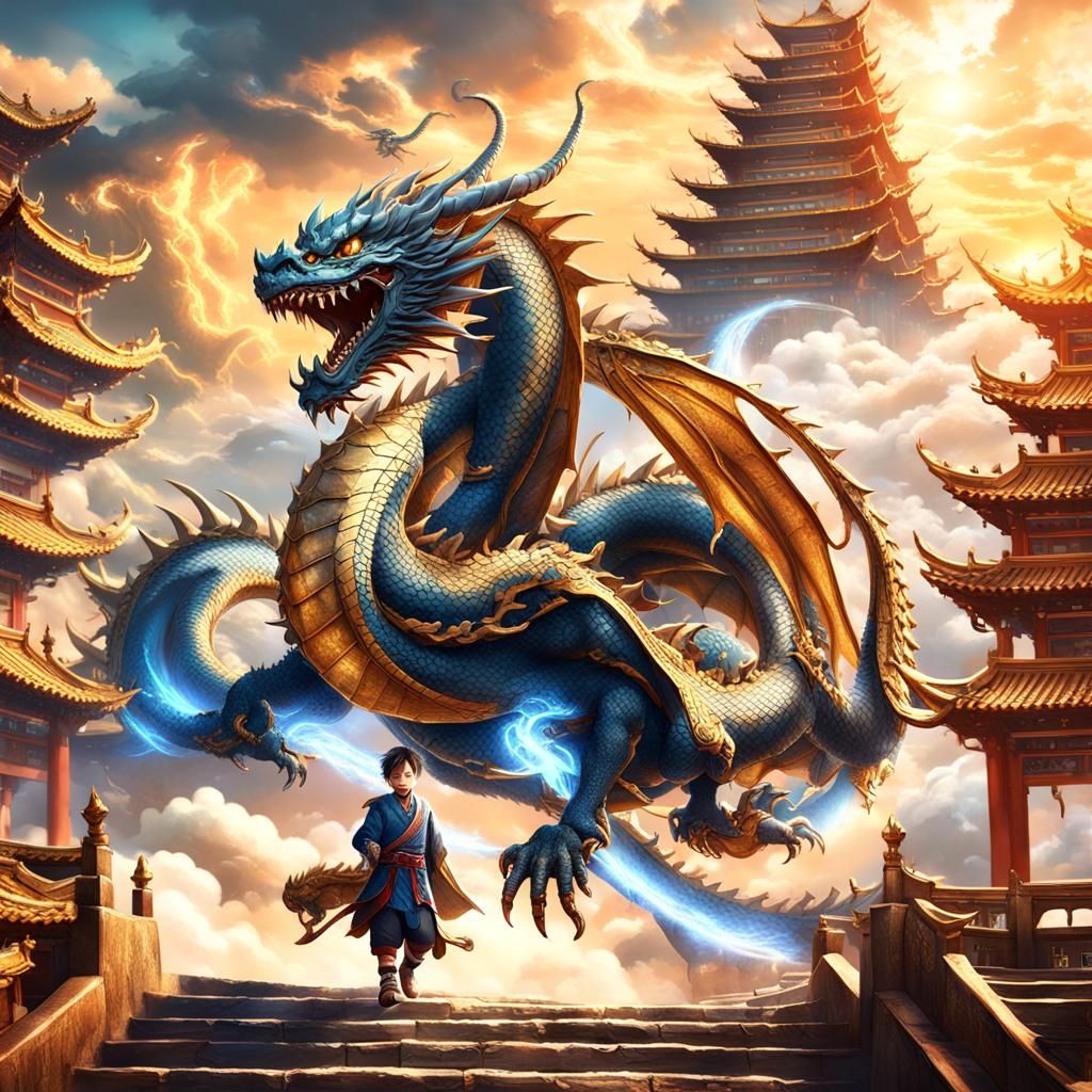 Child Free to Ride Majestic Eastern Dragon Through Vibrant S...