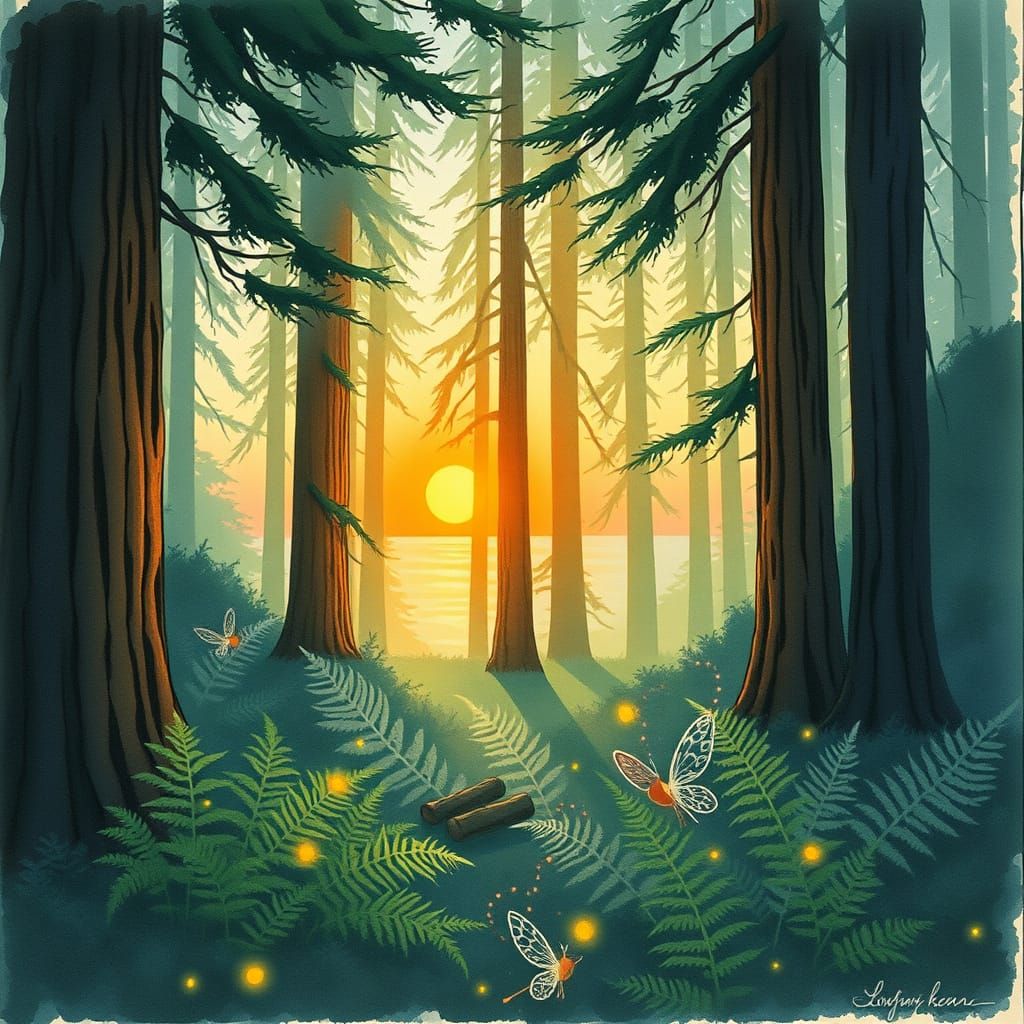 Magical Redwood Forest at Sunrise: Watercolor Painting