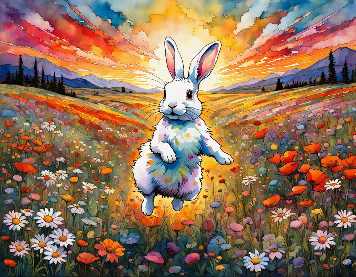 Joyful Giant Rabbit Amidst Vibrant Floral Meadow