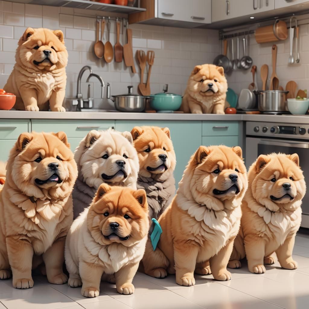 Surreal Anime Kitchen Scene with Colorful Chow Chow Puppies