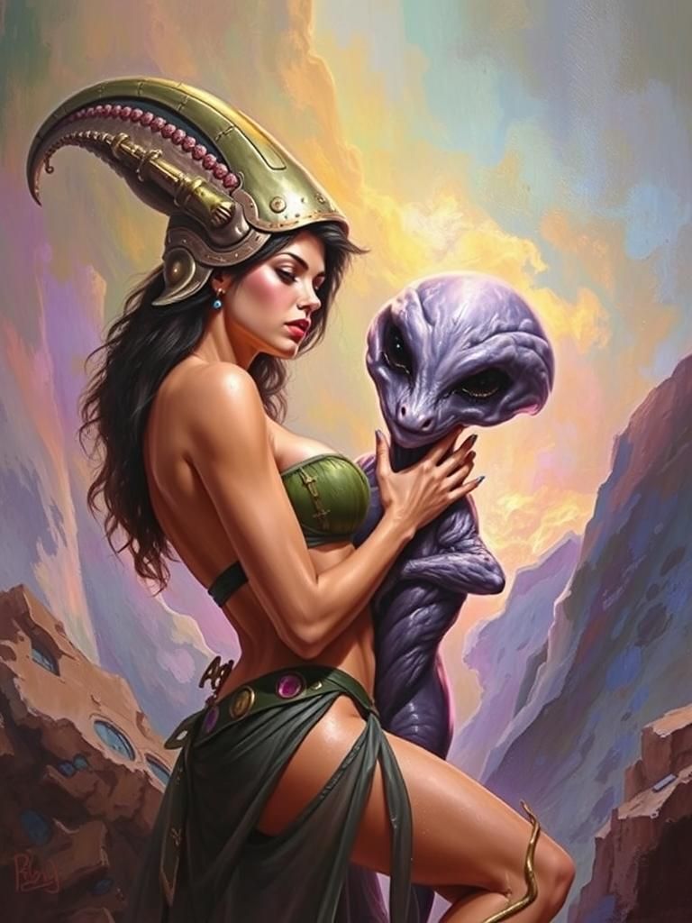 Sensual Alien Encounter in Vibrant Oil on Board