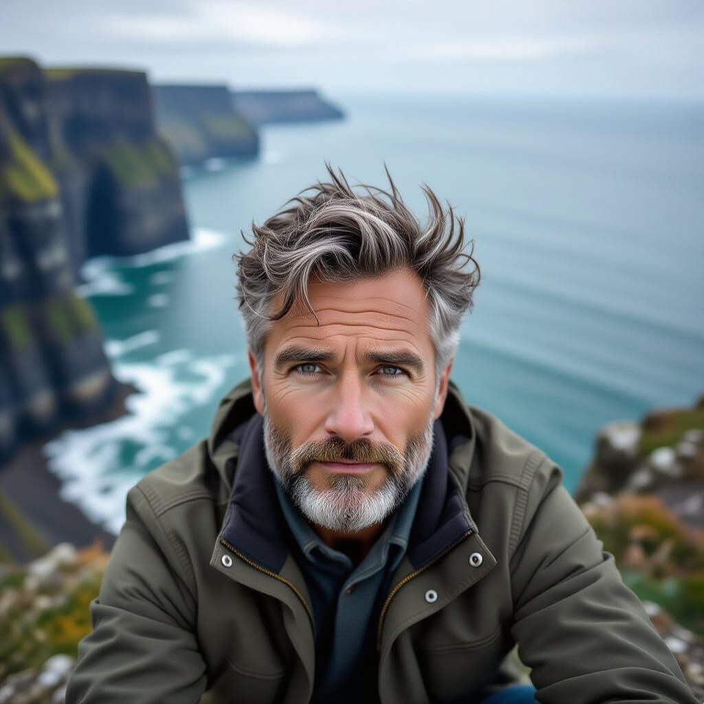 Hyperrealistic Man on Cliffs Overlooking Gray Sea