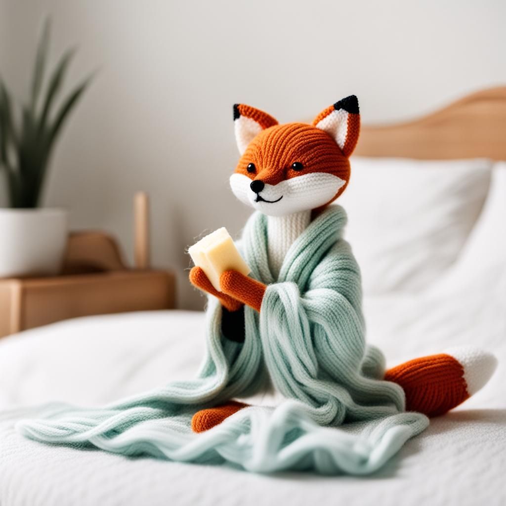 Sweet Moment of a Yarn Fox on a Bed