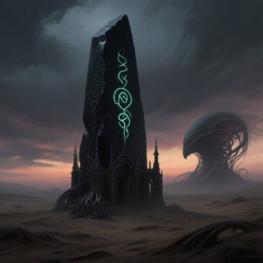 Obsidian Monolith in Desolate Twilight Landscape