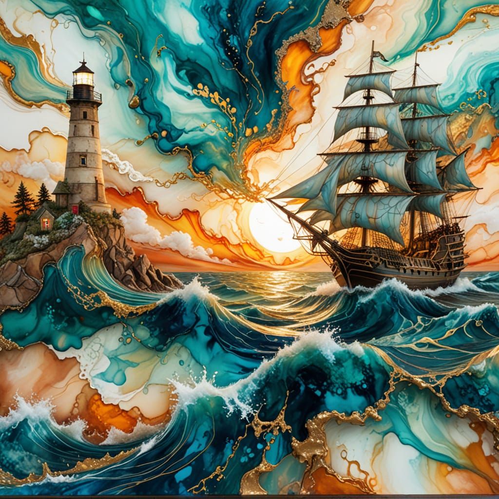 Galleon Ship at Sunset in Liquid Art Style