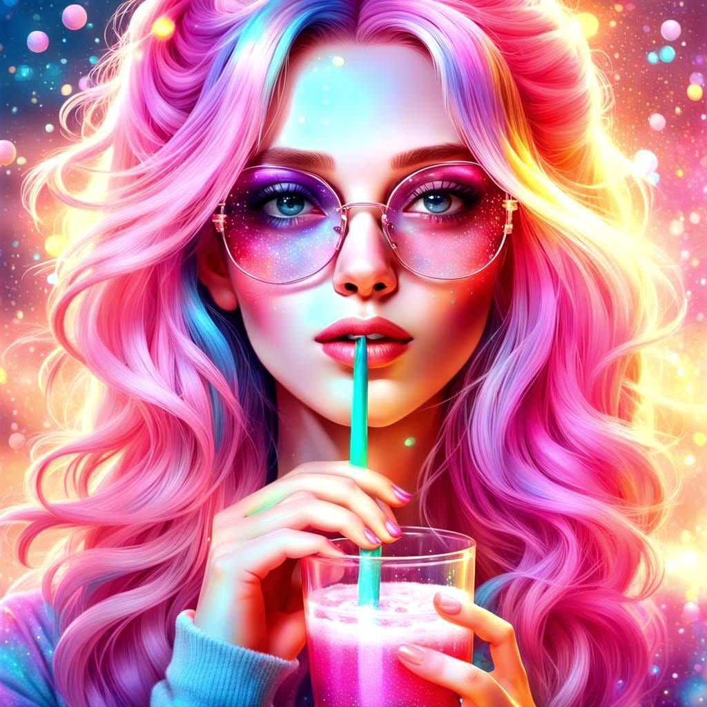 Luminous Rainbow Girl in Sparkly Pink and Blue Attire