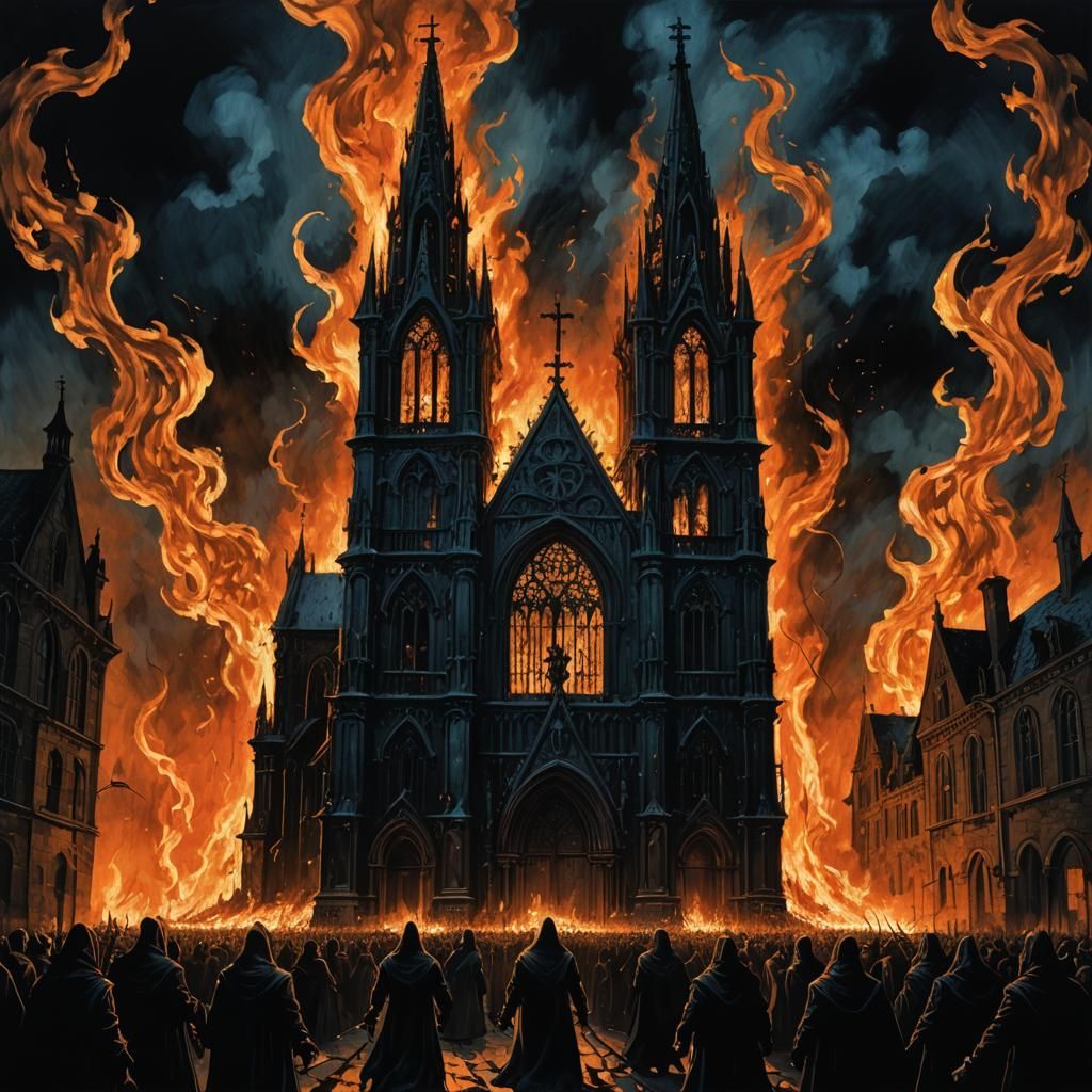 Gothic Surrealism: Dark Church in Flames