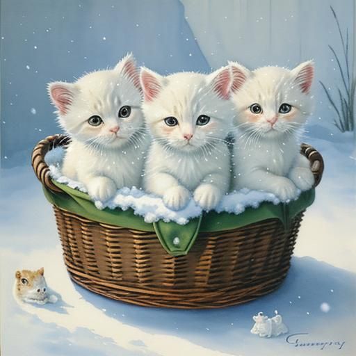 Cute Watercolour Kittens in a Cozy Basket