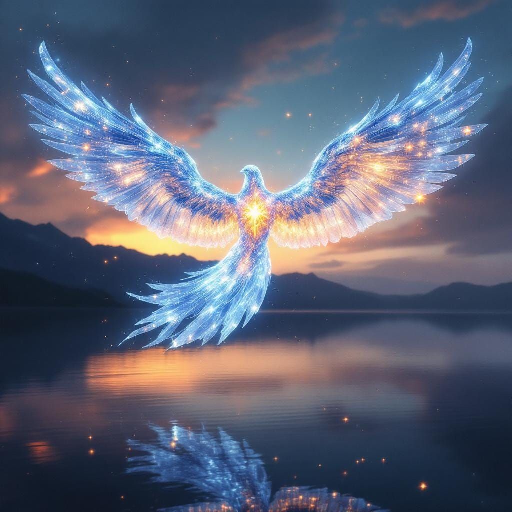 Crystal Firebird Over Lake at Dawn