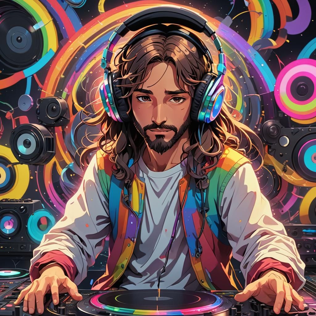 Jesus Mixing Turntables Under Vibrant Rainbow in Anime-Style...