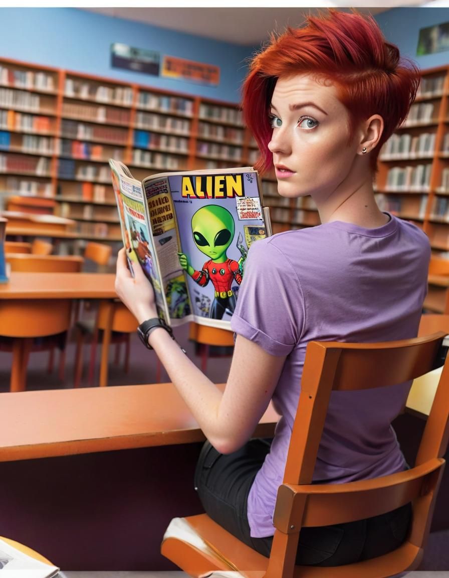 Hyperrealistic Teen Girl Reads Retro Science Fiction Comic B...