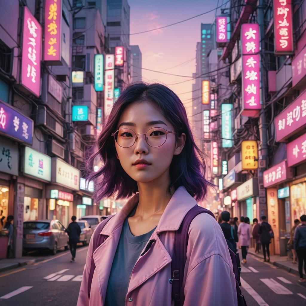 Korean Girl in Vibrant Busan Street Scene