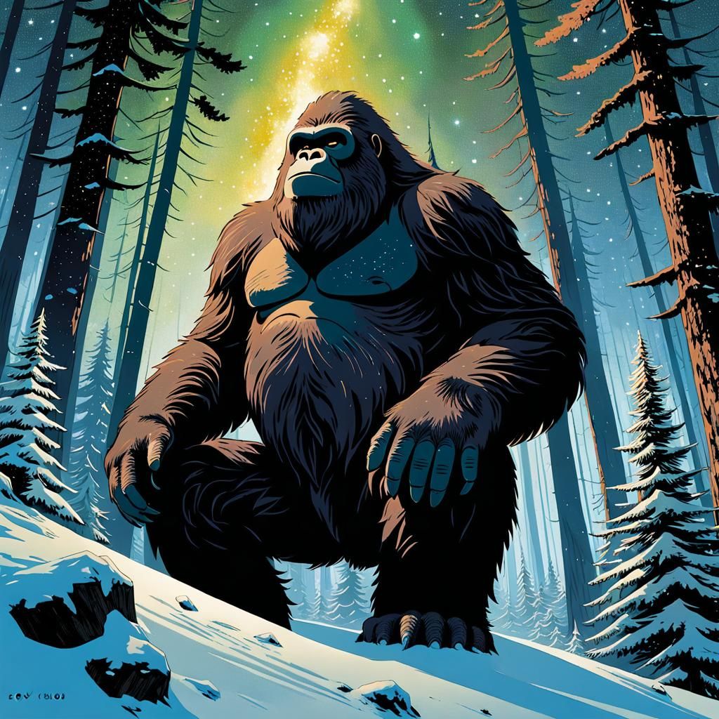 Grisly Sasquatch Amidst Celestial Forest, in Vibrant Comic B...