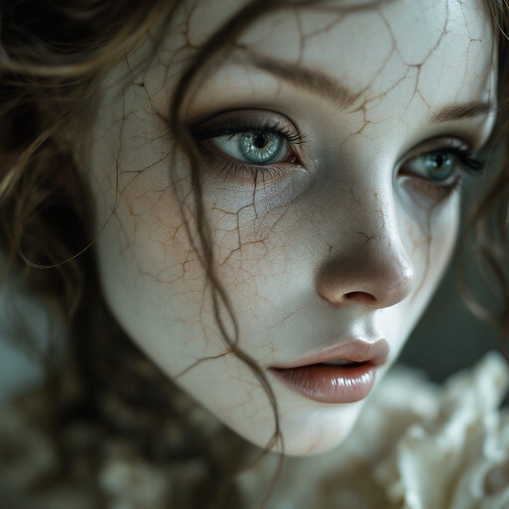 Fragile Porcelain Beauty with Cracked Doll Face