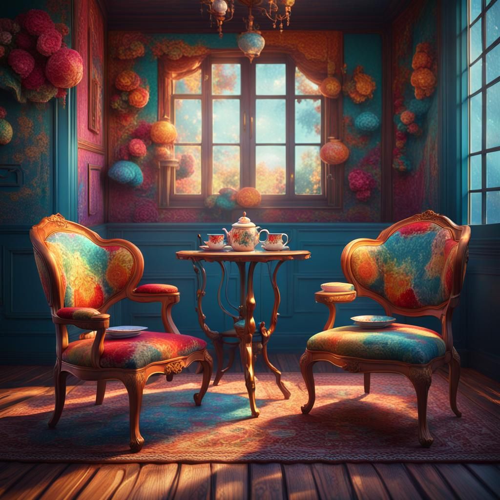 Fantastical Room Scene with Vintage Chairs and Abstract Wall...