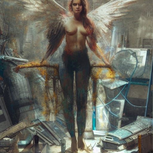 Futuristic Fallen Angel in Rusty Workshop, in the Style of G...