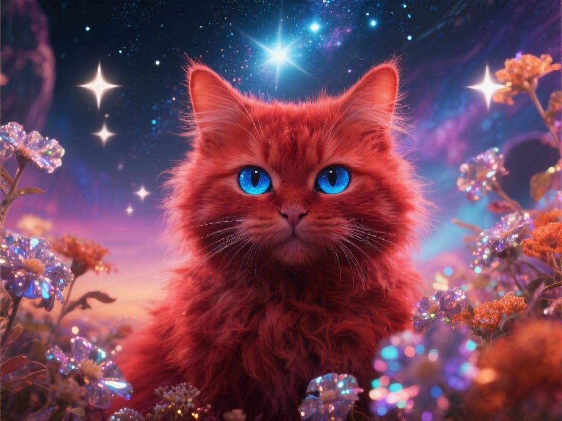 Cosmic Red Cat Surrounded by Stars