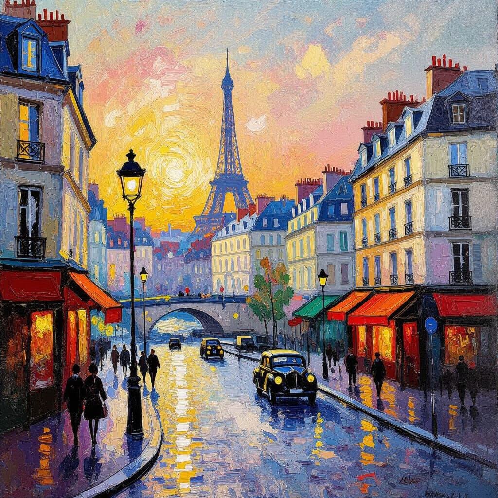 Parisian Cityscape at Dawn in Post-Impressionistic Style