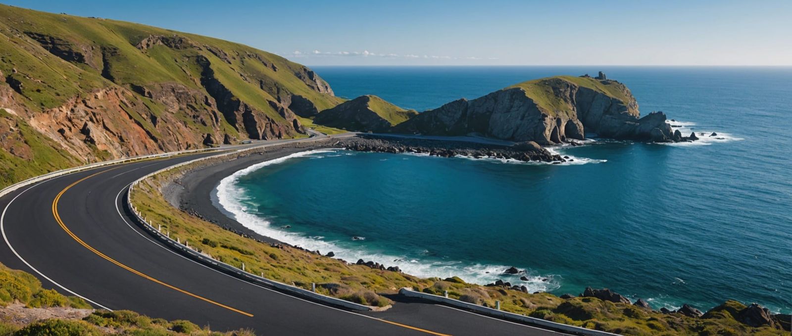 Vibrant Coastal Panorama with Winding Road and Rocky Shore