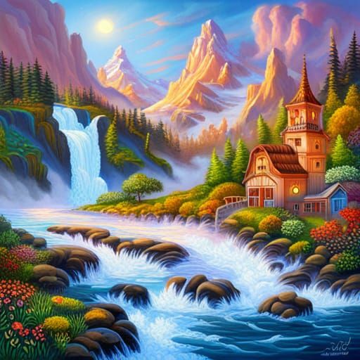Enchanted Fantasy Town Amidst Rainbow Mist