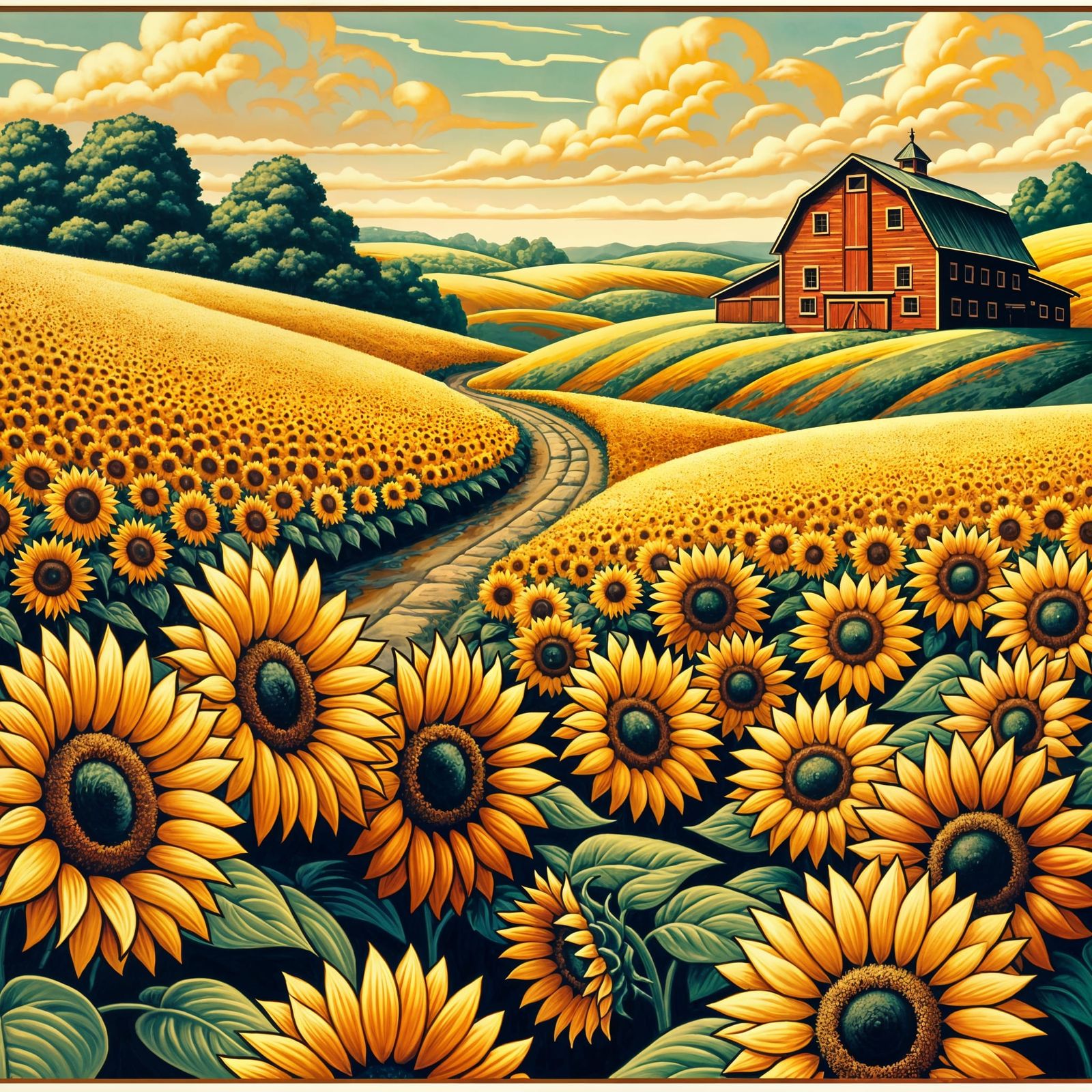 Sunflower Field with Red Barn in Nouveau Realism