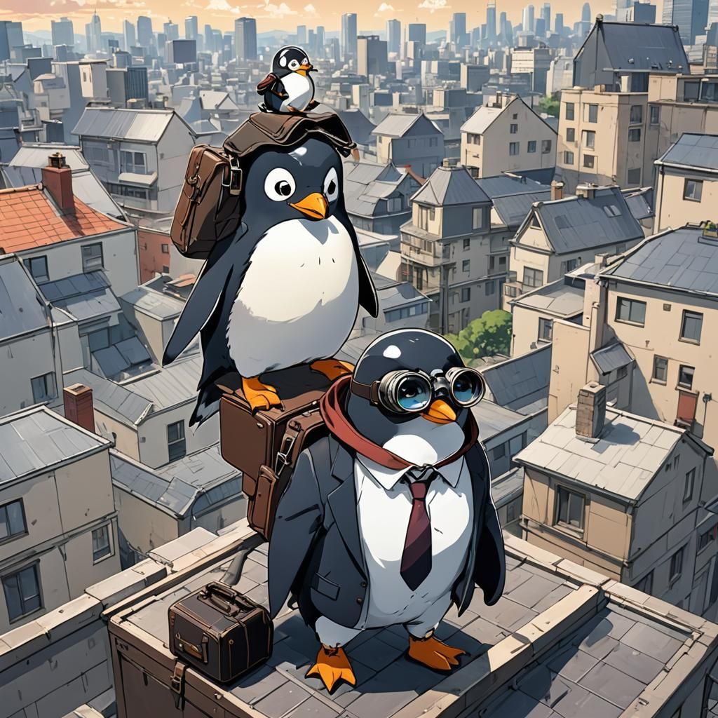 Cute Penguin in Suit Looks Down on a Man Holding a Briefcase